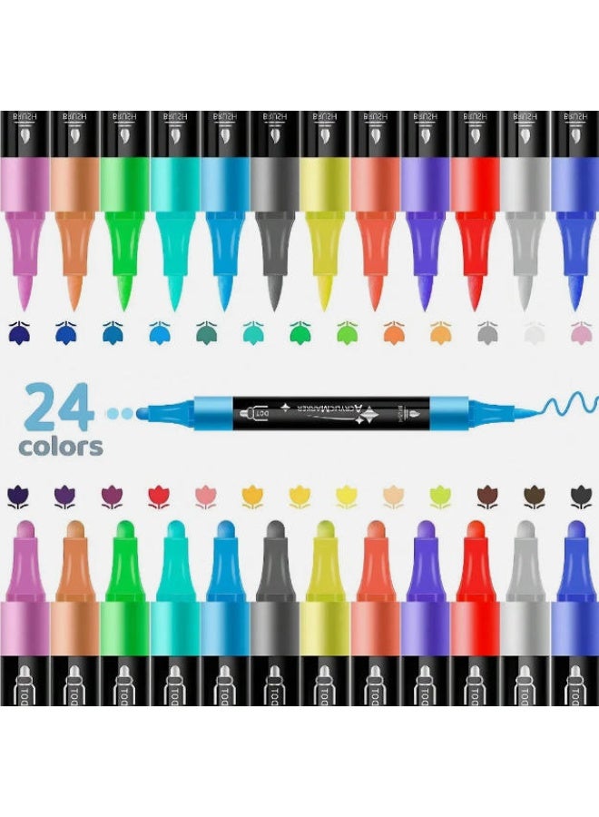 موردلي مجموعة أقلام طلاء أكريليك مكونة من 24 لونًا - برأسين مزدوجين (فرشاة ونقطة) - غير قابلة للتلطخ. - Image 3